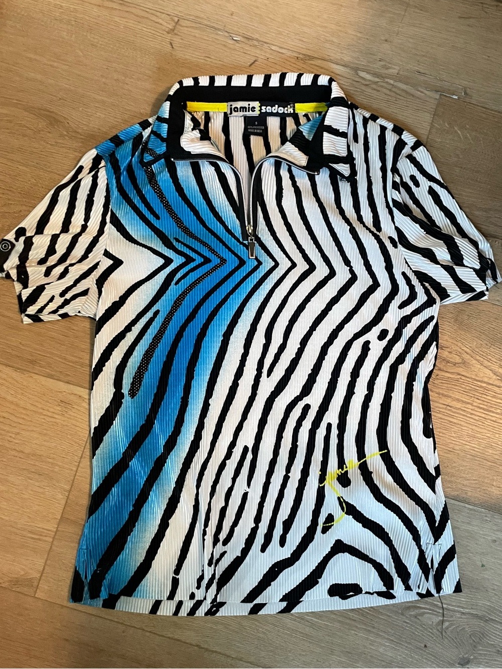 Vintage Jamie Sadock women’s Blue & Black Zebra Print Half-Zip Polo S 90s Y2K